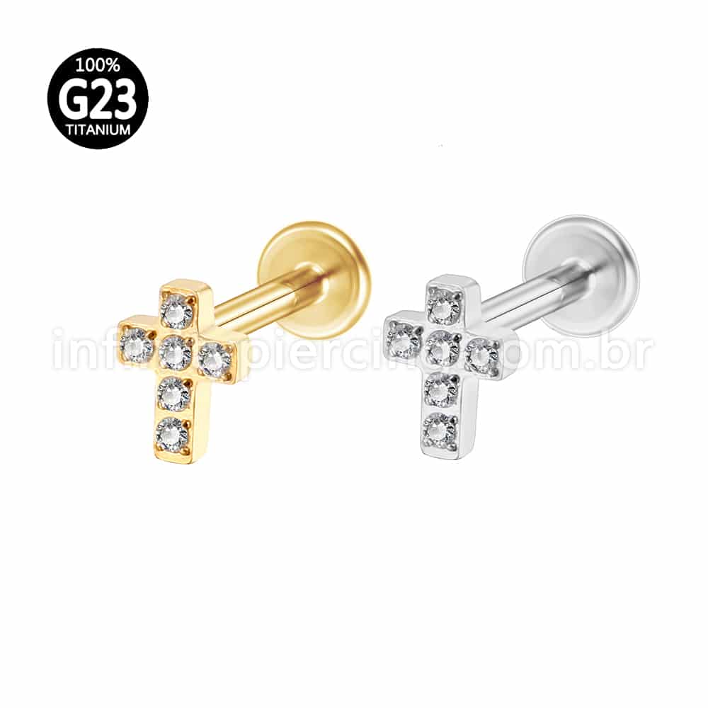 Piercing Labret Titânio Cruz Zircônia Cravejada